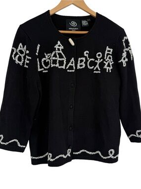 Michael Simon Event Cardigan Womens Size L Black White Teacher ABC Beaded